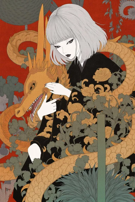 kchiba1 illustration.
A woman embracing a dragon. She has shoulder-length, straight hair with bangs that frame her face. <lora:kchiba1_cap_d6a3:1.0><lora:837656366899408098:0>