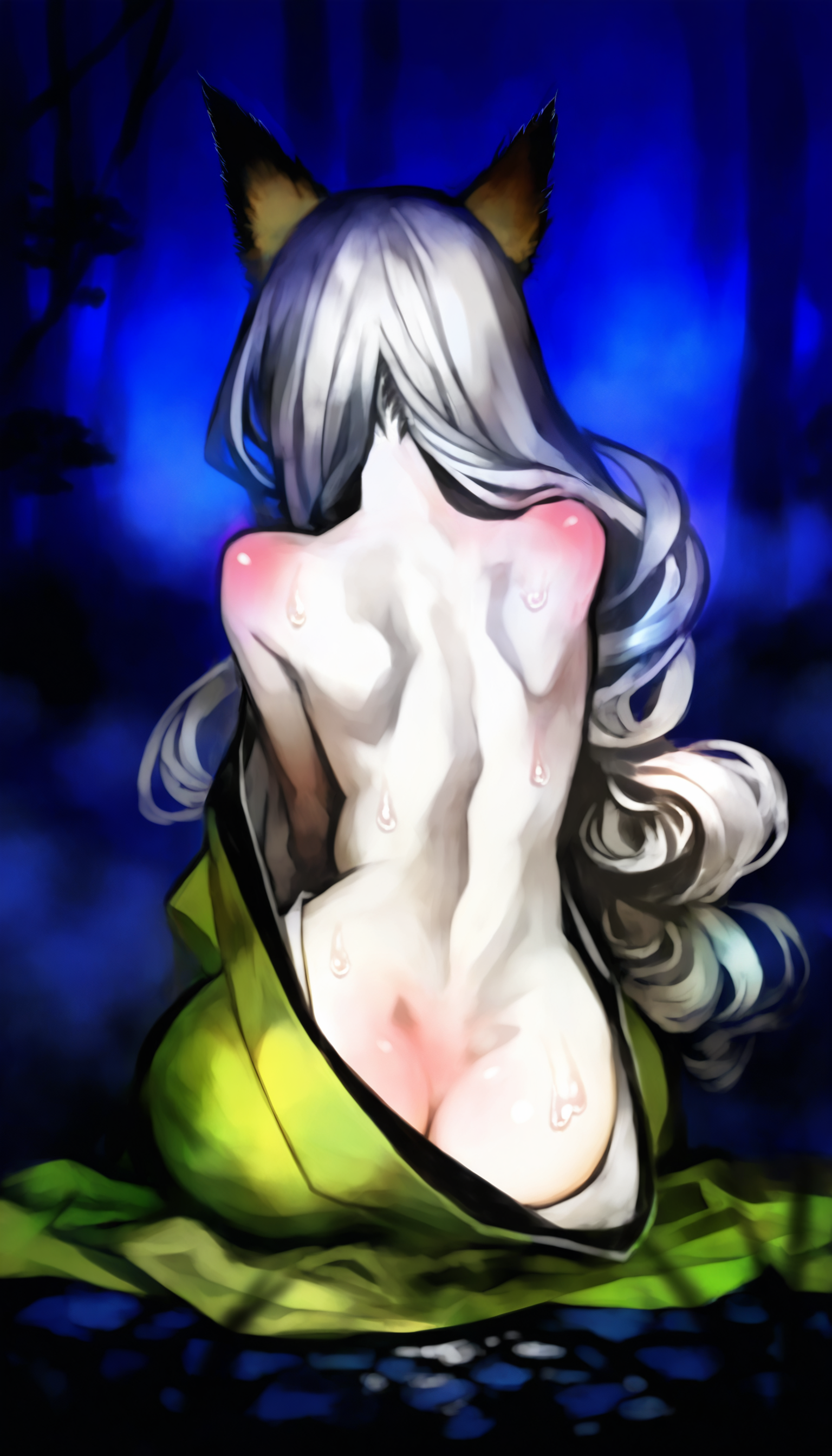 masterpiece,best quality,amazing quality,
<lora:yuzuruhaNAI>,yuzuruha,mature,
1girl,solo,pale skin,
white hair,long hair,wavy hair,fox ears,
green kimono,(topless:1.2),
upper body focus,sitting,
back view,back focus,body blush,(ass:1.1),backless,(ass exposure:1.1),
wet clothes,
rain,(wet:1.1),(dripping:1.1),sweat,sticky,
outdoors,night,fog,depth of field,dark,vignetting,fog,forest,rock,hands on ground,