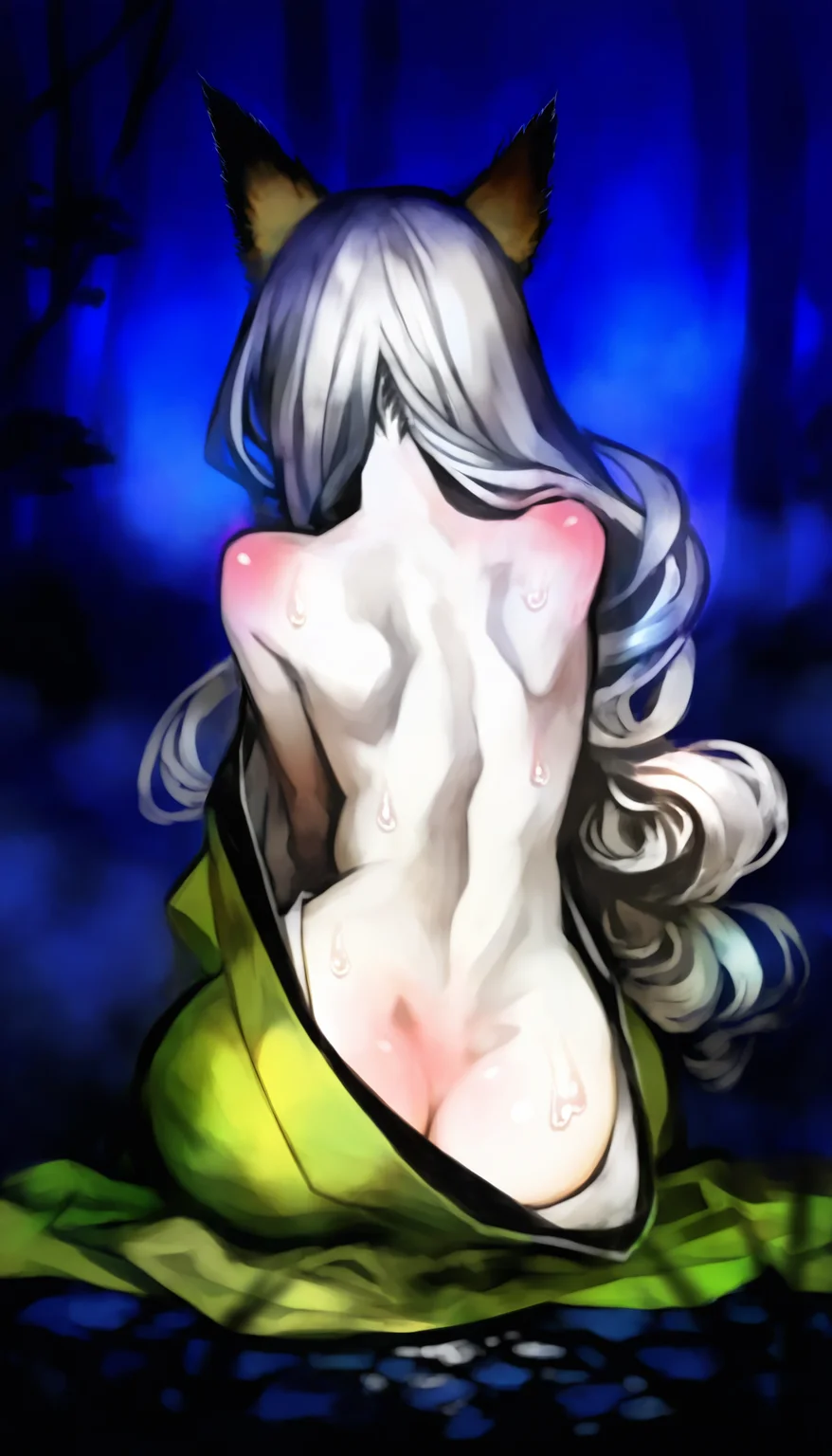 masterpiece,best quality,amazing quality,
<lora:yuzuruhaNAI>,yuzuruha,mature,
1girl,solo,pale skin,
white hair,long hair,wavy hair,fox ears,
green kimono,(topless:1.2),
upper body focus,sitting,
back view,back focus,body blush,(ass:1.1),backless,(ass exposure:1.1),
wet clothes,
rain,(wet:1.1),(dripping:1.1),sweat,sticky,
outdoors,night,fog,depth of field,dark,vignetting,fog,forest,rock,hands on ground,