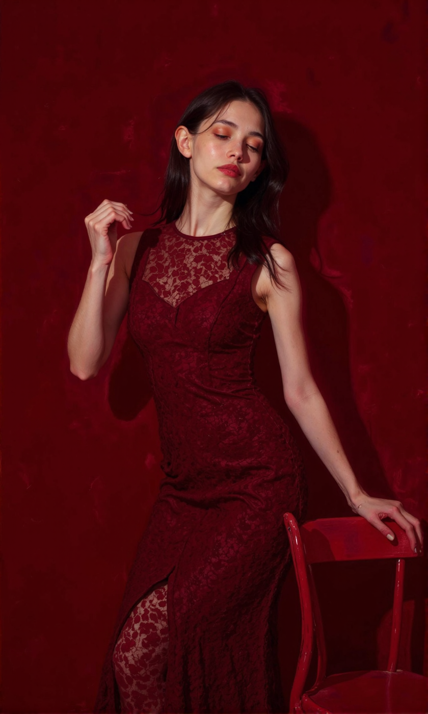 Full shot of a woman wearing a maroon lace dress. 
The woman is posed against a deep burgundy-red background, which complements the color of the dress.  Her expression is gentle and contemplative, with her eyes looking downward.  Her hair is dark brown or black, and it falls past her shoulders. She is lightly made up, with a subtle application of eyeshadow and a hint of red lipstick.
The dress is a fitted midi-length style and is crafted from a delicate, textured lace.  The lace pattern is noticeable and adds intricate detail to the piece.  The dress has a slightly higher neckline and sleeveless design.
The woman's posture is relaxed, and she is leaning slightly toward the dress itself. One arm rests casually on the back of a red chair close to her in the composition, providing a sense of the environment the photo was taken in. The woman's skin tone looks pale.
The lighting in the image is soft and diffused, casting no harsh shadows, providing a flattering look and creating a mood of elegance and serenity., <lora:FLUX-daubrez-DB4RZ-v2:1> DB4RZ, DB4RZ style painting