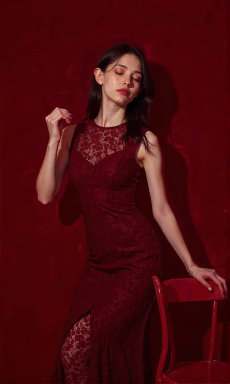 Full shot of a woman wearing a maroon lace dress.
The woman is posed against a deep burgundy-red background, which complements the color of the dress. Her expression is gentle and contemplative, with her eyes looking downward. Her hair is dark brown or black, and it falls past her shoulders. She is lightly made up, with a subtle application of eyeshadow and a hint of red lipstick.
The dress is a fitted midi-length style and is crafted from a delicate, textured lace. The lace pattern is noticeable and adds intricate detail to the piece. The dress has a slightly higher neckline and sleeveless design.
The woman's posture is relaxed, and she is leaning slightly toward the dress itself. One arm rests casually on the back of a red chair close to her in the composition, providing a sense of the environment the photo was taken in. The woman's skin tone looks pale.
The lighting in the image is soft and diffused, casting no harsh shadows, providing a flattering look and creating a mood of elegance and serenity., <lora:FLUX-daubrez-DB4RZ-v2:1> DB4RZ, DB4RZ style painting