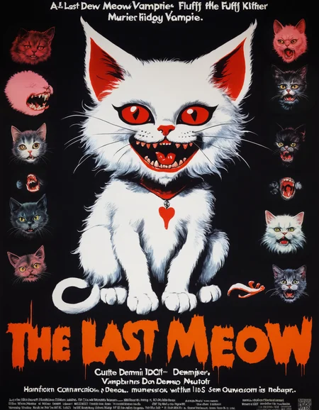 movie poster, edgy horror comedy from the 1970's, "the last meow", featuring a cute fluffy demon vampire murder kitten