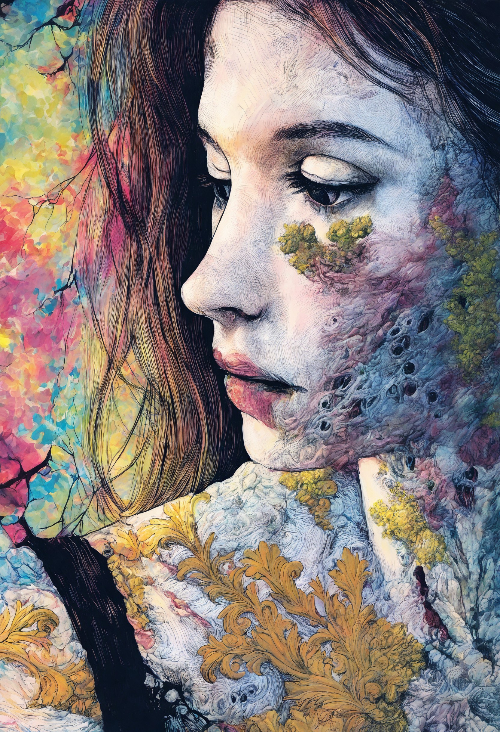 masterpiece, best quality, 1girl, portrait, casual, decay, profile, colorful, body horror, expressionless, parted lips, looking down, fine detail <lora:CarolineHarrison_V1_NoobAI:1.0>