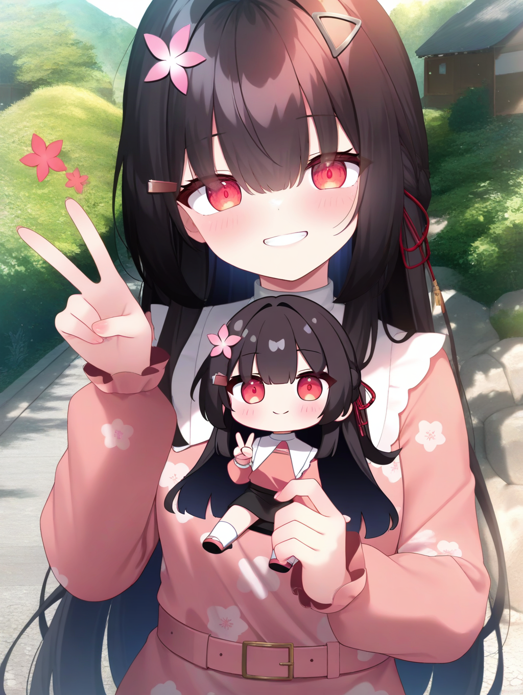masterpiece,best quality,amazing quality,very aesthetic,absurdres,newest,scenery,<lora:Hanako_ilxl_v1-000010:0.8>,hanako,1girl,(chibi:1.5),hair ornament,long hair,black hair,red eyes,solo,hair flower,pink flower,red eyes,looking at viewer,smile,v,blush,