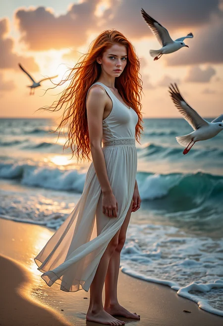 Title: "Sunset Serenity: YoungSonia on the Tropical Shore"
In this highly detailed photograph, a young woman named YoungSonia is captured in a breathtaking scene on a tropical beach at sunset. The warm hues of the setting sun paint the sky with a palette of oranges, pinks, and purples, creating a stunning backdrop for the image.
YoungSonia is positioned near the water's edge, where the gentle waves of the ocean meet the sandy shore. She stands with her body slightly turned away from the camera, gazing out at the horizon with a serene and contemplative expression. Her long, vibrant red hair cascades down her back, catching the light of the sun and appearing as if it's on fire with the same hues as the sunset.
The wind is blowing gently, causing loose strands of her hair to dance around her face and shoulders. The wind also creates ripples in the fabric of her loose, white dress, which flows gracefully around her legs. The dress, paired with her barefoot stance, adds to the overall carefree and relaxed atmosphere of the image.
In the sky above, several seagulls can be seen soaring and diving, their white bodies stark against the colorful backdrop. The seagulls add a sense of movement and life to the photograph, as well as a touch of whimsy.
The composition of the image is well-balanced, with YoungSonia taking up a majority of the frame but leaving enough negative space around her to give a sense of the vastness of the beach and the sky. The waves in the background create a sense of depth and draw the viewer's eye towards the horizon.
Overall, the photograph captures a moment of peace and tranquility, showcasing the beauty of