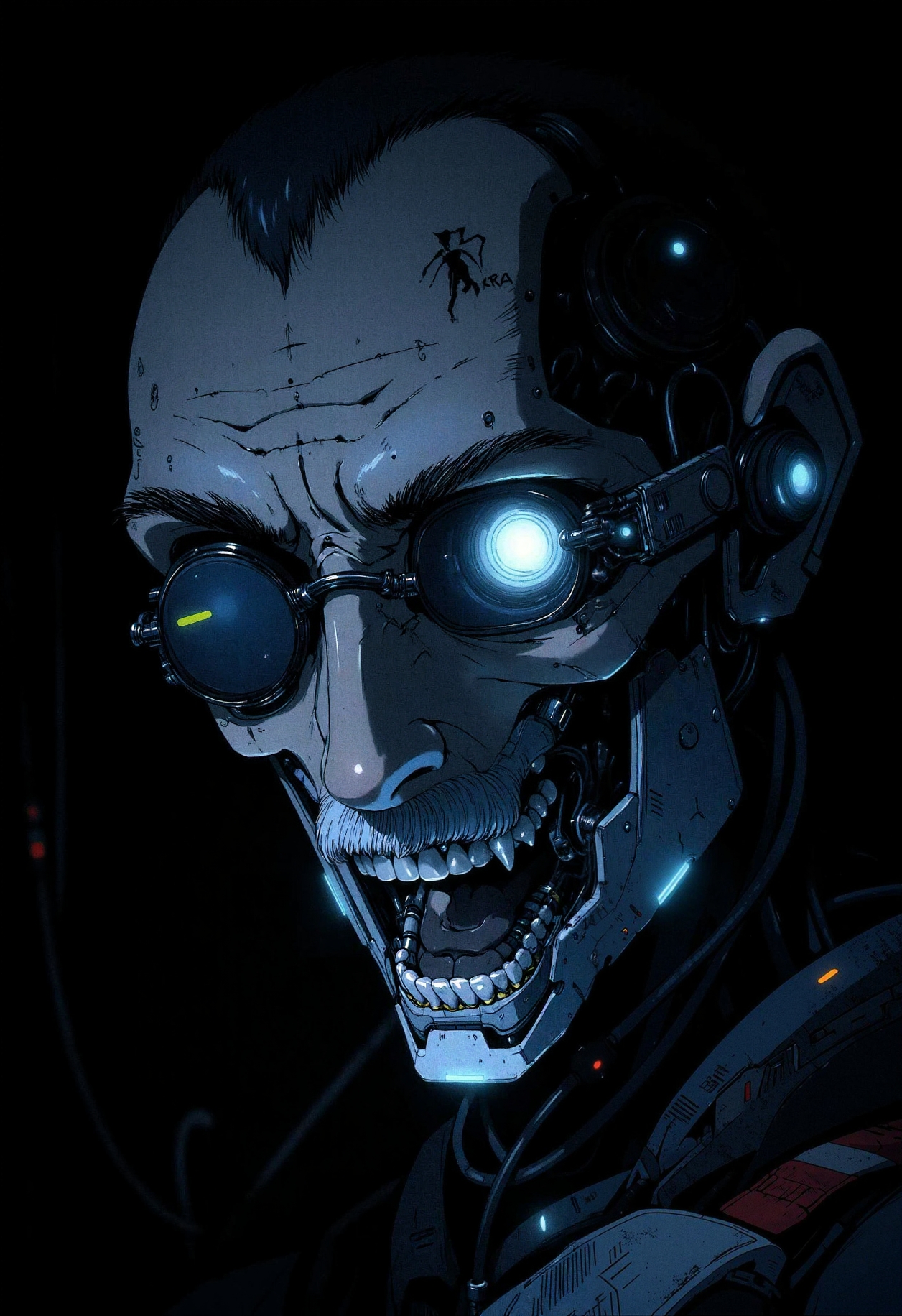 in the style of ckra, A weathered cyborg slowly turns his head to face the camera, revealing his striking half-mechanical face. He leans forward slightly, his one human eye staring directly at the viewer while his other eye—covered with a mechanical implant—remains closed, glinting with a soft blue light. His thin lips part into a subtle smile, exposing sharp, metallic teeth that catch the dim light. Tubes and wires protrude from his wrinkled skin, pulsing with neon blue energy that illuminates the deep creases and scars on his face, especially the prominent one cutting across his right eye. The camera zooms in slowly on his weathered features, highlighting the barcode tattoo near his temple and the carefully trimmed white mustache and beard that frame his jaw. Behind him, there's only darkness—a pure black backdrop that makes his glowing cybernetic parts stand out even more dramatically. As the camera gets closer, small details become visible: old rusted components alongside newer tech, a corporate logo etched into his neck plate, and thin cables connecting to ports along his temples. The lighting remains low and atmospheric, casting shadows that emphasize the boundary between man and machine.