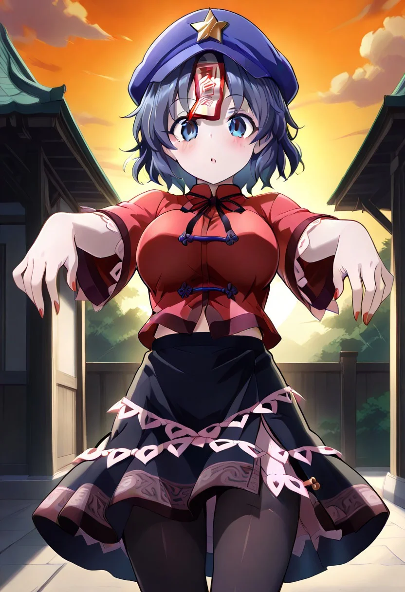 nioti style, evening, ((orange sky)), ((outside)), (Taoist temple), (1girl), (solo), ((blush)), ((large breasts)), looking at viewer, ((curious)), miyako yoshika, blue eyes, blue hair, short hair, jiangshi, hat ornament, star hat ornament, ofuda, red shirt, black skirt, tangzhuang, ((black pantyhose)), zombie pose, outstretched arms