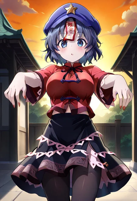 nioti style, evening, ((orange sky)), ((outside)), (Taoist temple), (1girl), (solo), ((blush)), ((large breasts)), looking at viewer, ((curious)), miyako yoshika, blue eyes, blue hair, short hair, jiangshi, hat ornament, star hat ornament, ofuda, red shirt, black skirt, tangzhuang, ((black pantyhose)), zombie pose, outstretched arms