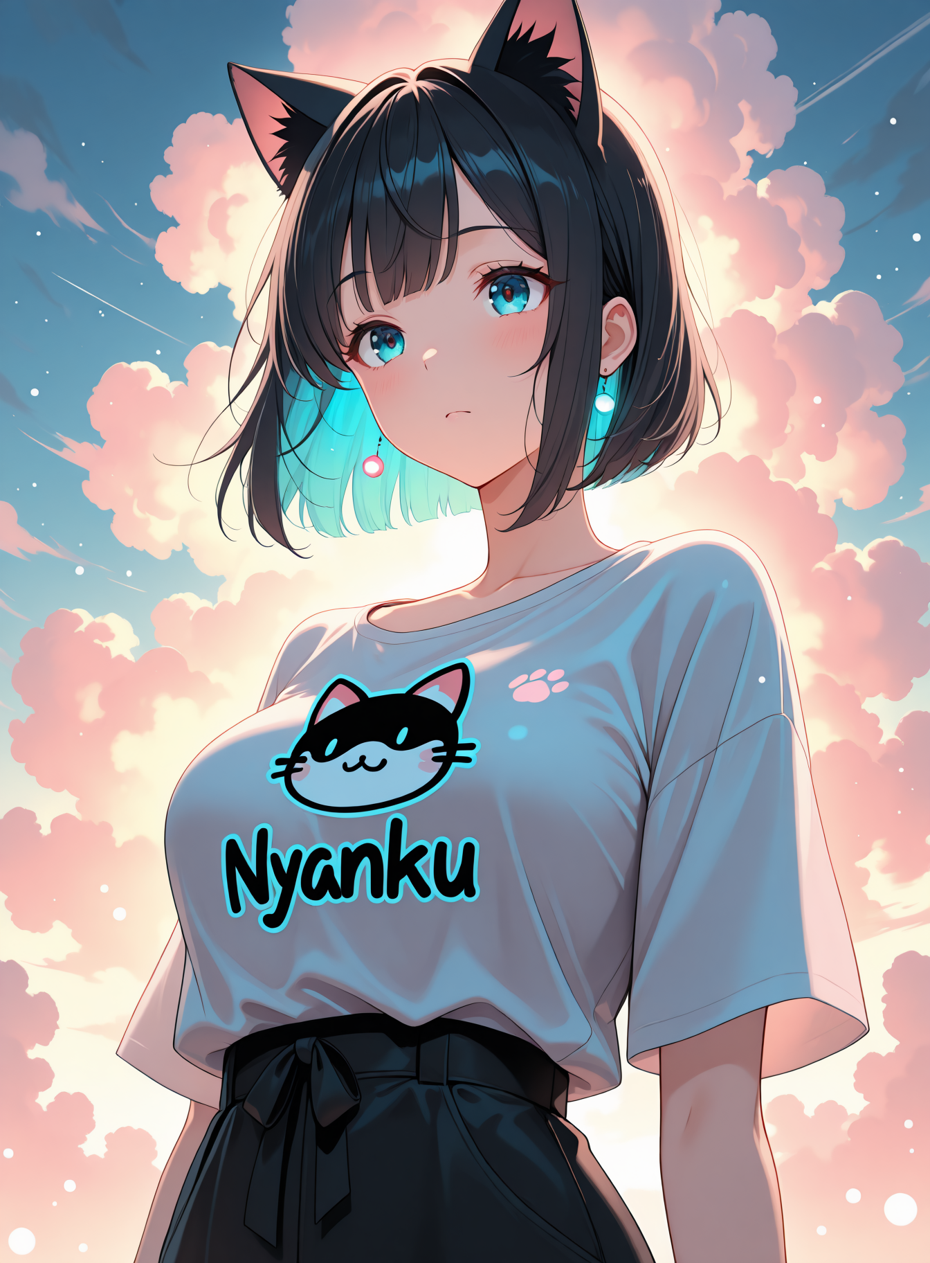lazypos, cat ears, 1girl,solo, Bob Cut , Contemplative, tshirt Bright yellow background with irregular black and white polka dots., bokeh, vibrant colors, (colored light particles,:1.6) (bloom:1.4), cloudy, dreamy atmosphere, fogy, dynamic angle, mature, adult, <lora:Nyanku:1> nyanku, nyankupatches