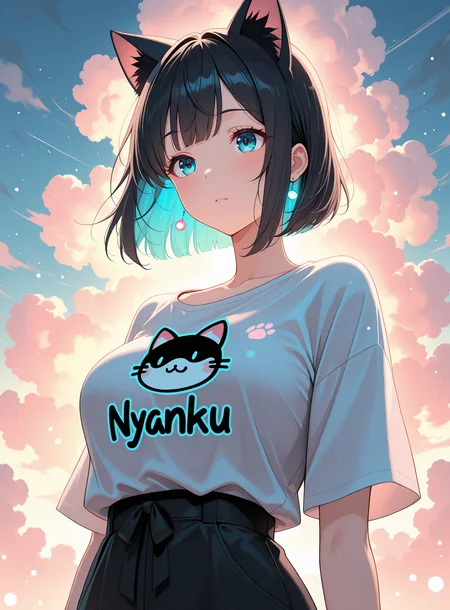 lazypos, cat ears, 1girl,solo, Bob Cut , Contemplative, tshirt Bright yellow background with irregular black and white polka dots., bokeh, vibrant colors, (colored light particles,:1.6) (bloom:1.4), cloudy, dreamy atmosphere, fogy, dynamic angle, mature, adult, <lora:Nyanku:1> nyanku, nyankupatches