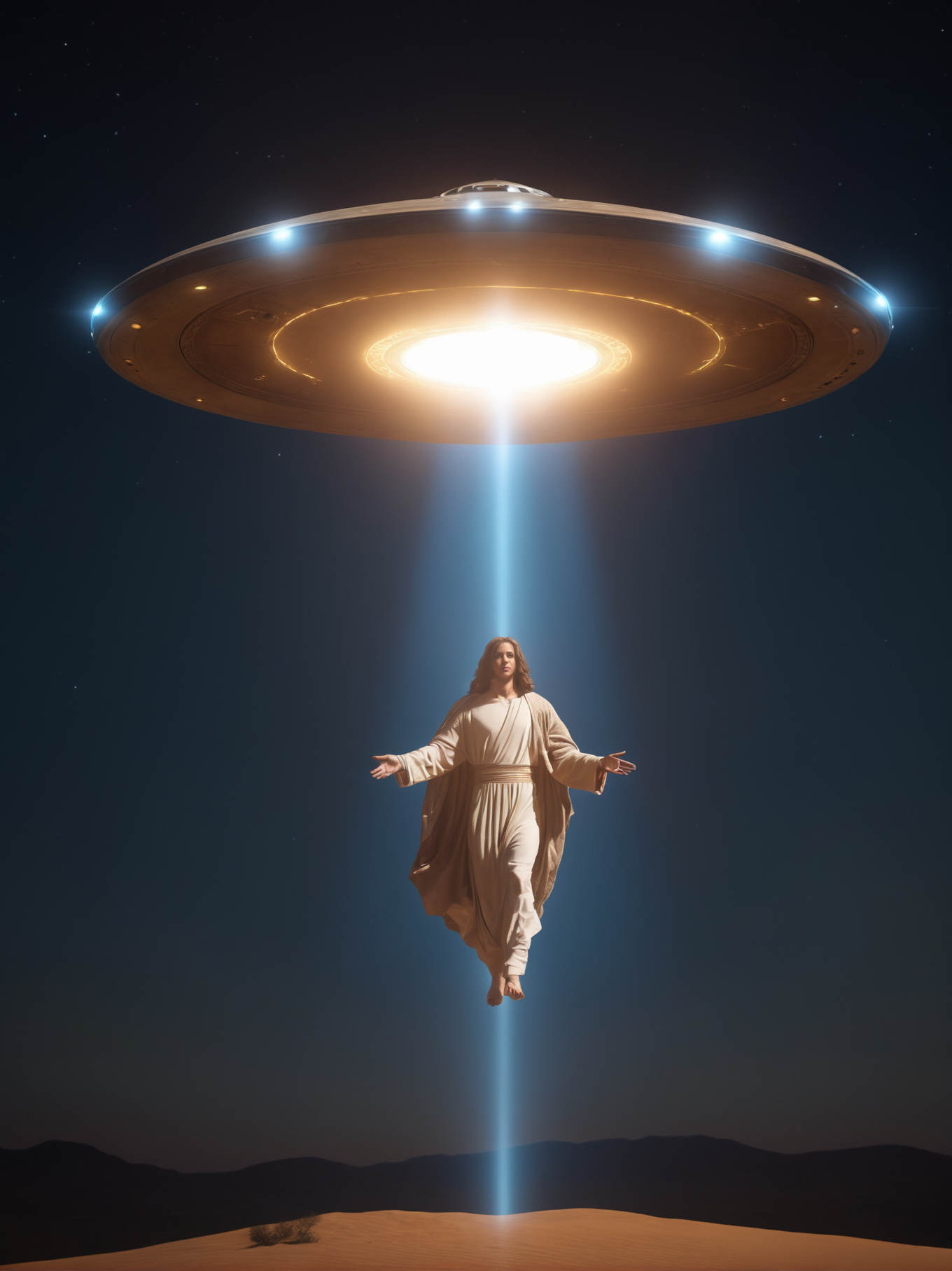 Jesus Christ facing camera levitating out of UFO in style of christ of saint john of the cross,  Large UFO at top of image with beam of light shining down towards the ground , perfect symmetry, highly detailed,  Beautiful lighting, in style of 1984 Dune, photoreal, 4k, depth of field, night scene, light from ufo shining on ground