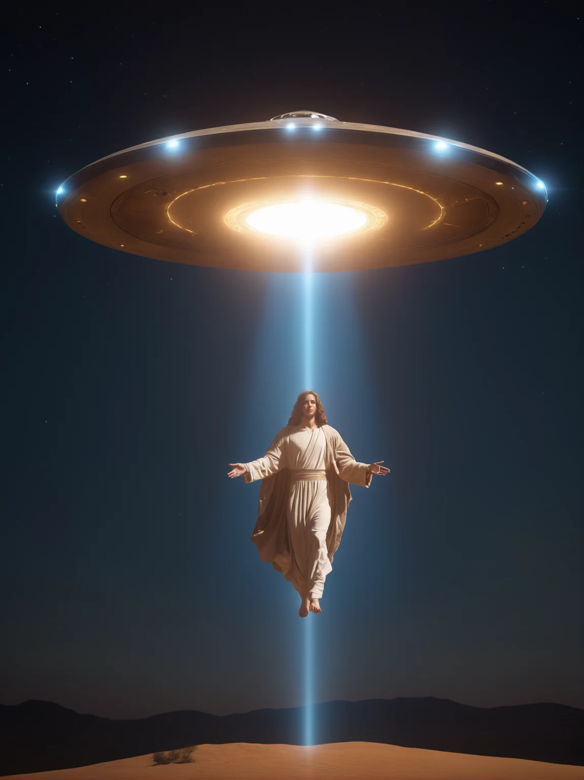 Jesus Christ facing camera levitating out of UFO in style of christ of saint john of the cross, Large UFO at top of image with beam of light shining down towards the ground , perfect symmetry, highly detailed, Beautiful lighting, in style of 1984 Dune, photoreal, 4k, depth of field, night scene, light from ufo shining on ground
