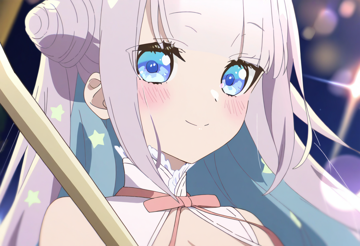 1girl,mimori_byakuya,bangumi_style,solo,hair bun,double bun,portrait,blush,pink hair,blue eyes,closed mouth,long hair,lens flare,close-up,smile,ribbon,star \(symbol\),blunt bangs,sidelocks,blurry,blurry background,staff,multicolored hair,blue hair,sleeveless,bokeh,looking at viewer,red ribbon,
((masterpiece,best quality,newest,absurdres,highres)),
<lora:baiye_WAIIll:1>,