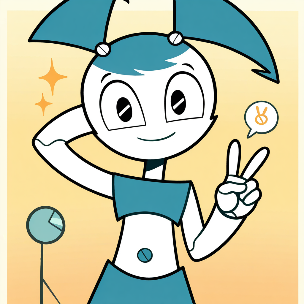 (masterpiece), (best quality), absurdres, intricate details, highres, <lora:XJ9_ILLUS_2:1> , xj1, 1girl, twintails, jenny wakeman, robot,  robot, android, robot joints,  crop top, skirt, looking at viewer, black eyes, smile, no nose, arm behind head, peace sign, v,