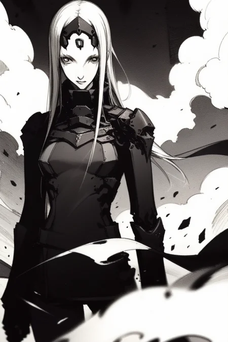 <lora:blame5:1>, pcell, smoke, battle scene, weapon, sword, debris, (best quality, highly detailed face:1.3)