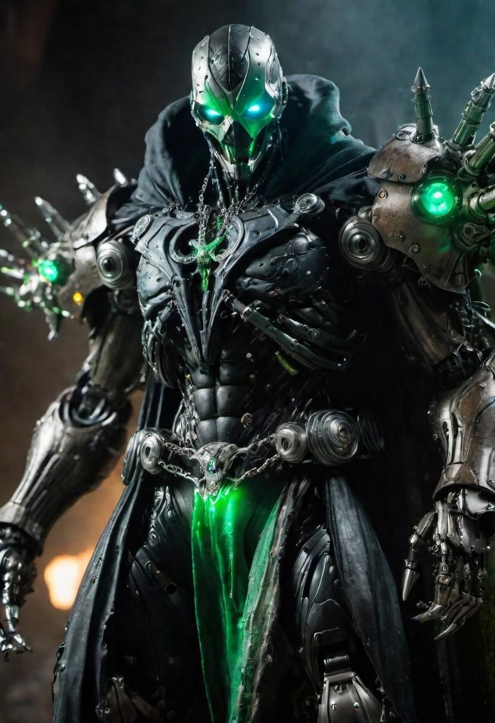 a photograph of spawn, balanced composition, made of black goo, (weathered patina:1.2), black costume, animated green cape made of liquid, "M" on chest, scary green glowing eyes, chains, moody lighting, cinematic, complex robot, biomechanical, hyper detailed, (holding a huge plasma cannon weapon with a glowing blue charged barrel), (holding), (behind him stand a loyal row of his mighty mech warriors they are ready and wanting battle to commence), (huge erupting explosions in the background, nucular mushroom bomb cloud in far distance), cinematic explosion style, <lora:compb0t:0.5> <lora:Spawn:0.8> comprobo