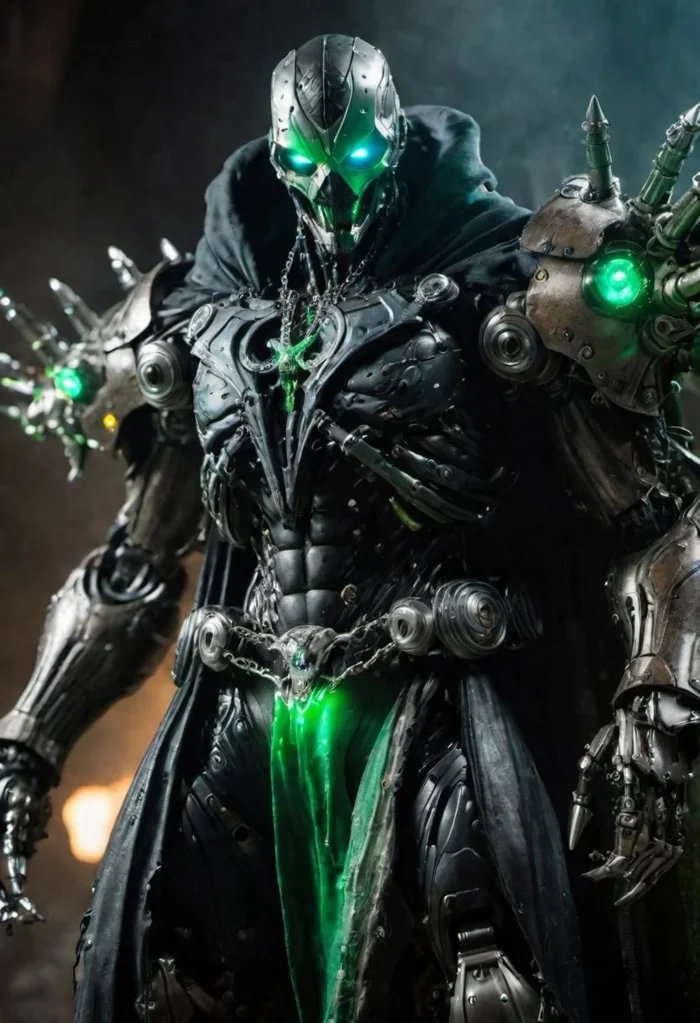 a photograph of spawn, balanced composition, made of black goo, (weathered patina:1.2), black costume, animated green cape made of liquid, "M" on chest, scary green glowing eyes, chains, moody lighting, cinematic, complex robot, biomechanical, hyper detailed, (holding a huge plasma cannon weapon with a glowing blue charged barrel), (holding), (behind him stand a loyal row of his mighty mech warriors they are ready and wanting battle to commence), (huge erupting explosions in the background, nucular mushroom bomb cloud in far distance), cinematic explosion style, <lora:compb0t:0.5> <lora:Spawn:0.8> comprobo