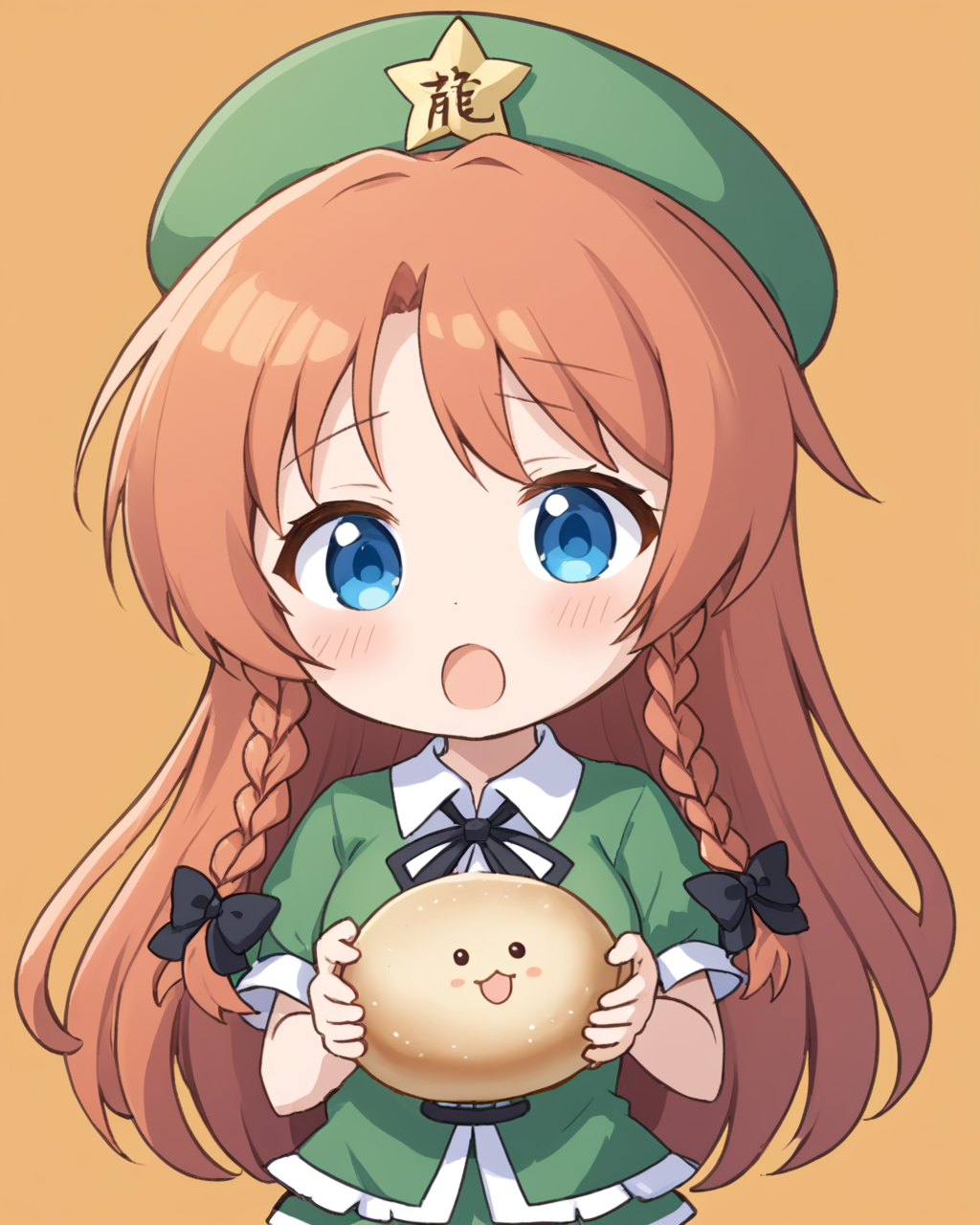 hong meiling,1girl, star_hat_ornament, solo, star_\(symbol\), green_headwear, twin_braids, beret, open_mouth, eating, baozi, chibi, blush, simple_background, orange_background, looking_at_viewer, :3, holding, black_bow, upper_body, shirt, hair_bow, ribbon, chinese_clothes
<lora:hong_meiling_image3632_2023-12-11-000004:1>,star-shaped_pupils,symbol-shaped_pupils,. gorgeous,key visual, vibrant, studio anime,award-winning, professional, highly detailed,high budget, cinemascope