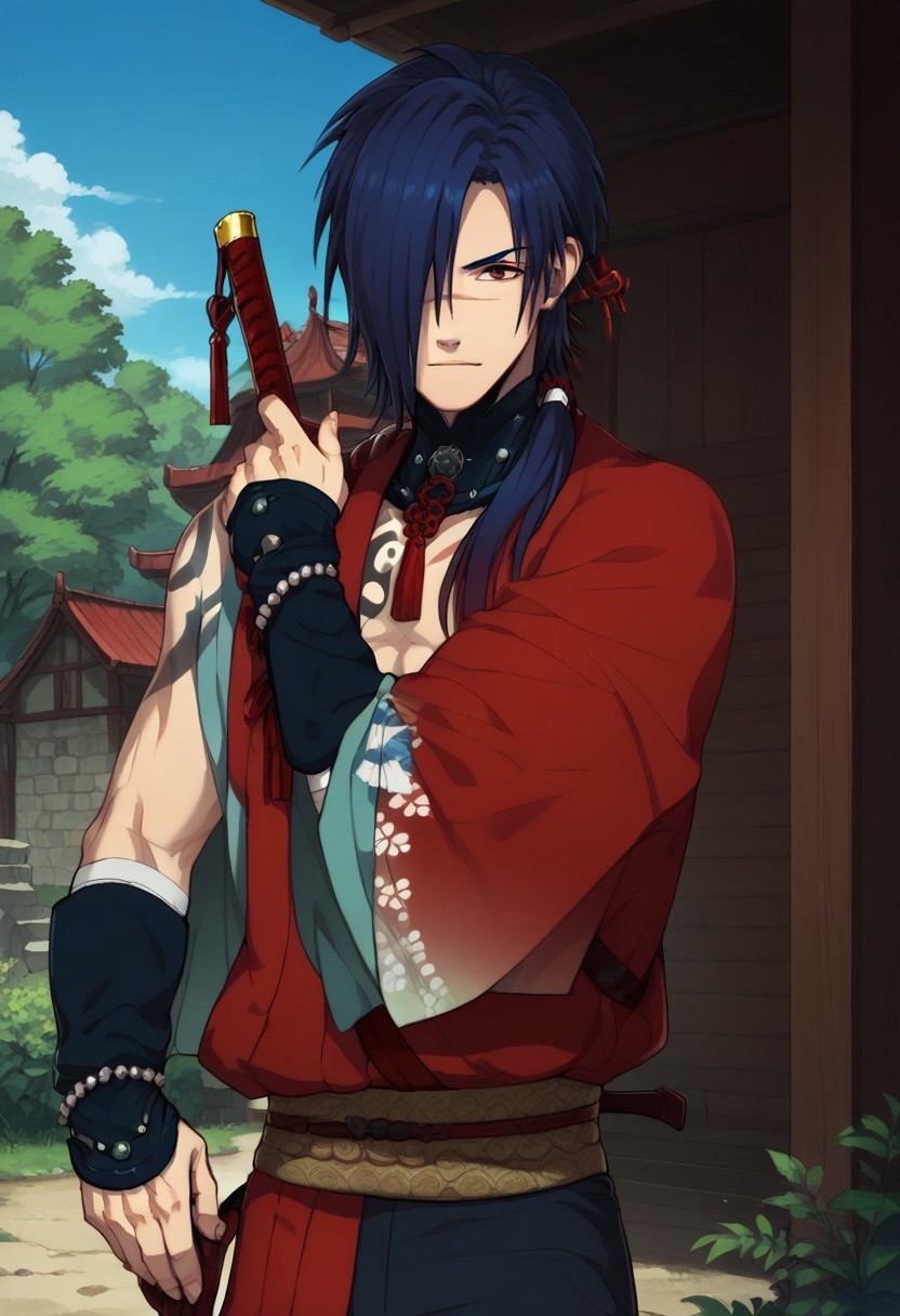 score_9, score_8_up, score_7_up, source_anime, highly detailed, 

koujaku, 1boy, male focus, solo, blue hair, ponytail, long hair, hair over one eye, red eyes, scar, scar on face, japanese clothes, kimono, red kimono, sarashi, midriff sarashi, pants, black pants, sandals, gloves, fingerless gloves, jewelry, beads, bracelet, choker, pointing sword, full body,

outdoor, sky, tree, nature,