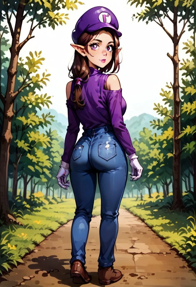 score_9, score_8_up,
{source_anime, 1woman, solo, Waluette, no mustache, mature woman, 30 years old, long face, high cheekbones, thin face, very pointy chin, pointy ears, brown hair, hat, purple headwear, Waluigi hat, purple shirt, long sleeves, blue denim overalls, white gloves, brown shoes, long legs, walking down a forest path, (from behind perspective:1.5), (looking over her shoulder:2.5),},
<lora:ChamWaluigiPonyXL:1>,
4kFacePonyXL,