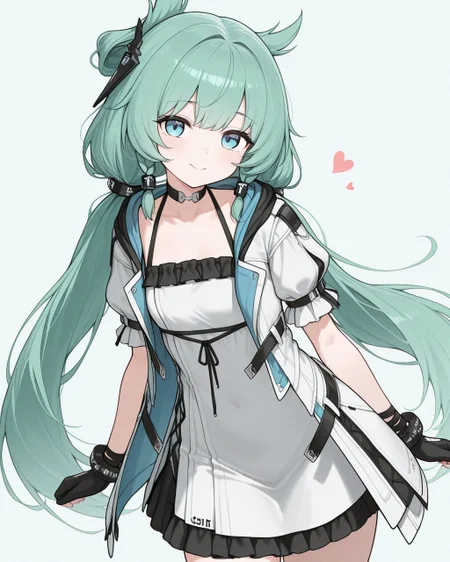 masterpiece, best quality, highres, simple background, looking at viewer, smile, 
1girl, osiris the innocence, low twintails, open jacket, hair ornament, 
<lora:osiris_the_innocence_il_v1:1>