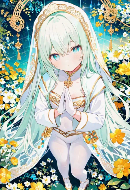 Best quality, masterpiece, fantasy flower garden, view from above, one petit priestess girl with flat chest, shining hands bound in prayer, standing upright, detailed light green long loose hair, priestess' veil, cute smooth face, gentle smile, detailed light blue eyes, detailed make up, jewelry, pure white clothes, shawl, white turtleneck leotard with long sleeves and gloves, slim waist, slim belly, thick clavicle, micro skirt, thick hips, thick thighs, white tights, heels
