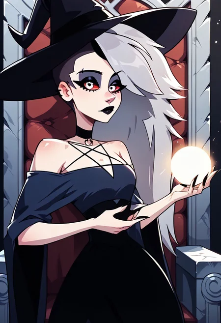 SCORE_9, SCORE_8_UP, SOURCE_FURRY, BREAK, SOLO, WITCH DRESS, WITCH HAT, BREAK, ON CASTLE THRONE, HIGH RESOLUTION, VIVID TEXTURES, DETAILED PUPILS, holding a magical orb in hand, casting a magic spell, Human Loona, makeup, eyeshadow, black lips, grey hair, undercut