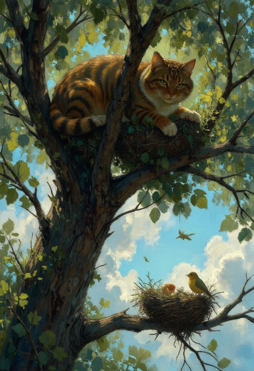 Anime art. Painting. Scene of a large tabby cat watching a small canary sitting in its nest. The bird is seated in its nest on the limb of a large tree at the bottom of the frame. The canary is chirping contentedly and is unaware of the cat creeping above it. A large shadow has begun to descend on the canary. A large tabby cat is laying prone on a tree limb above the canary. The cat is peering over curiously, assessing whether it can make the jump to the nest below. It's claws have dug into the tree limb for security, and its tail is twitching with excitement. It is mid day, but the foliage from the tree provides shade. The scene is comic yet ominous. Highest quality, best quality, masterpiece.