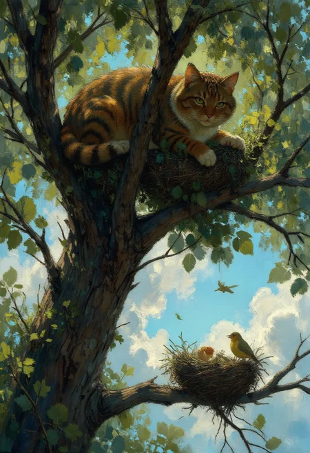 Anime art. Painting. Scene of a large tabby cat watching a small canary sitting in its nest. The bird is seated in its nest on the limb of a large tree at the bottom of the frame. The canary is chirping contentedly and is unaware of the cat creeping above it. A large shadow has begun to descend on the canary. A large tabby cat is laying prone on a tree limb above the canary. The cat is peering over curiously, assessing whether it can make the jump to the nest below. It's claws have dug into the tree limb for security, and its tail is twitching with excitement. It is mid day, but the foliage from the tree provides shade. The scene is comic yet ominous. Highest quality, best quality, masterpiece.