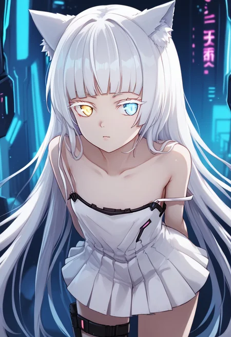 1girl, solo, highres, Nekoya_AWP, colored eyelashes, blue eyes, very long hair, bangs, white hair, heterochromia, yellow eyes, cat ears, animal ear fluff, strap slip, cat tail, white dress, bare shoulders, pleated dress, collarbone, cyberpunk, science fiction, neon light, pink light, looking at viewer, cowboy shot, close-up, arms behind back, leaning forward, staring