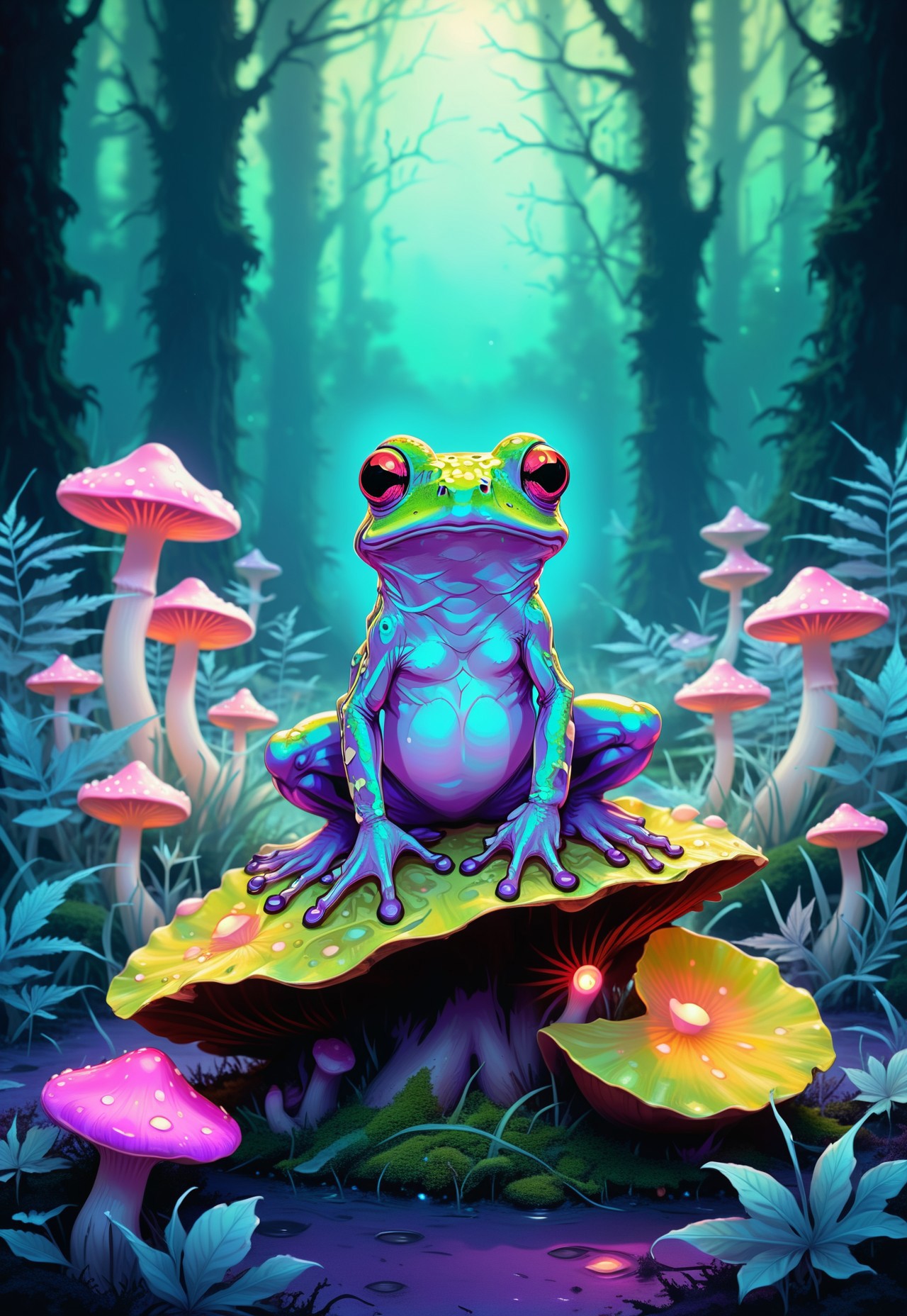 neonfusion, (bioluminescent, glowing, surreal, fantasy art, vibrant colors, soft gradients, mystical atmosphere, detailed nature elements, cinematic lighting), a vivid bioluminescent frog sitting on a large luminous mushroom, its semi-transparent skin radiating shades of aqua, emerald, and violet light. The frog’s eyes glow softly, reflecting a magical golden hue, with intricate patterns etched across its back. Surrounding it are tiny glowing particles, adding a dreamlike quality to the air. The mushroom emits a gentle pinkish glow, casting subtle light on the frog and nearby mossy surfaces. In the background, softly blurred glowing foliage and delicate lighting create a serene yet otherworldly ambiance, perfectly matching a mystical fantasy art style.