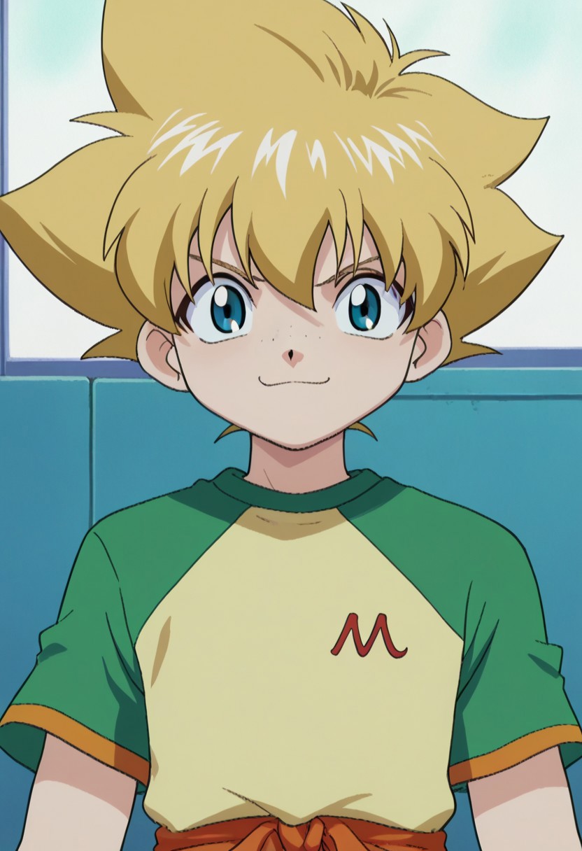 score_9, score_7_up, source_anime
MaMizuha, 1boy, male focus, solo, blue eyes, freckles, blonde hair, spiked hair, t-shirt, raglan sleeves, short sleeves, smile
outdoor,