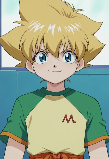 score_9, score_7_up, source_anime
MaMizuha, 1boy, male focus, solo, blue eyes, freckles, blonde hair, spiked hair, t-shirt, raglan sleeves, short sleeves, smile
outdoor,