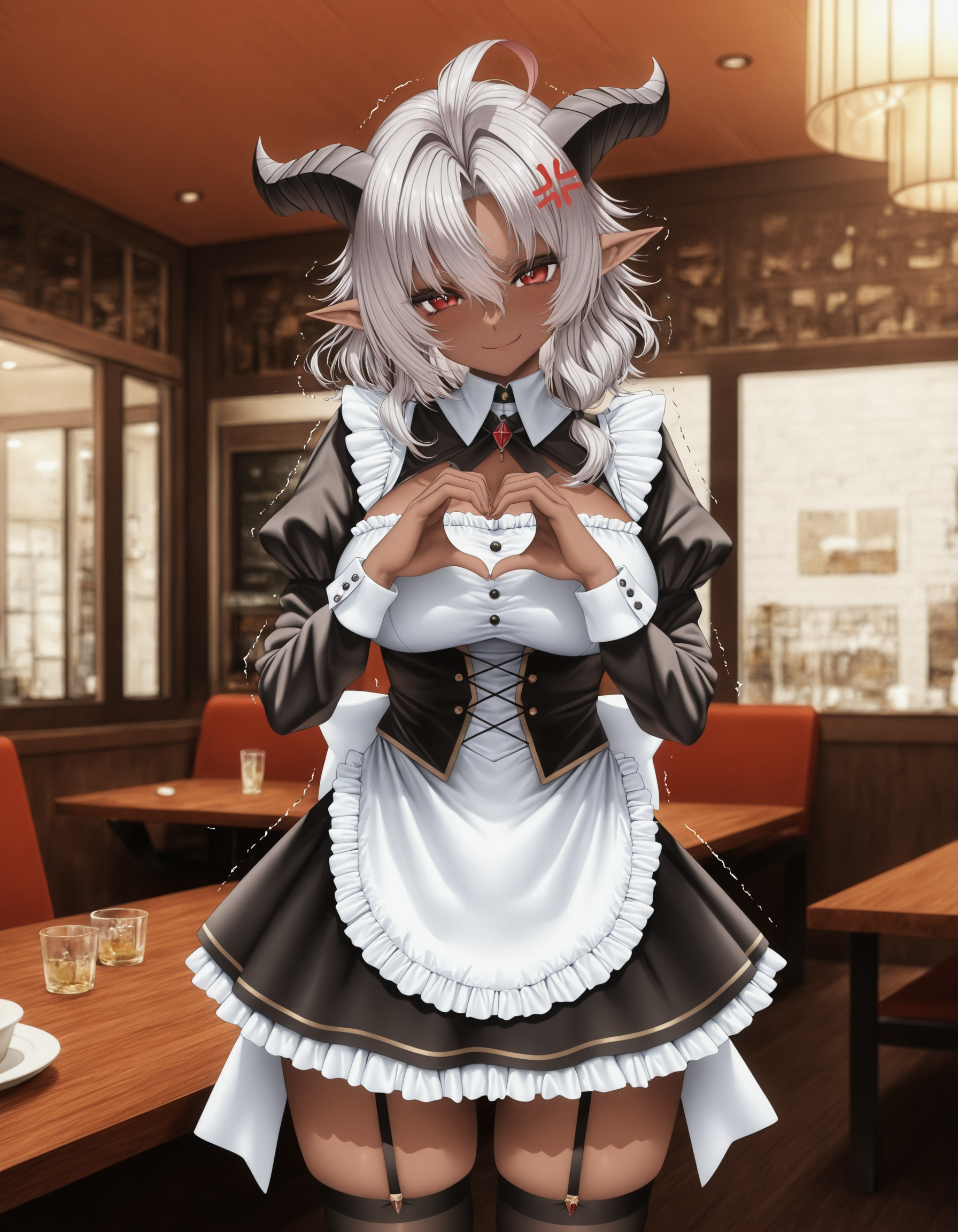 1girl, Heine, dark skinned female, (eichi \(yashokuya\):0.9), (fouriasensei:0.9), (piromizu:0.8), standing, heart hands, trembling, head tilt, restaurant, grey hair, middle hair, red eyes, demon horns, curly hair, pointy ears, ahoge, medium hair, maid, frilled skirt, miniskirt, black thighhighs, looking at viewer, smile, cross-popping vein, masterpiece, best quality, extreme quality, cg, 8k<lora:illustrious/character/Heineハイネ戦闘員派遣します.safetensors:1.0>,