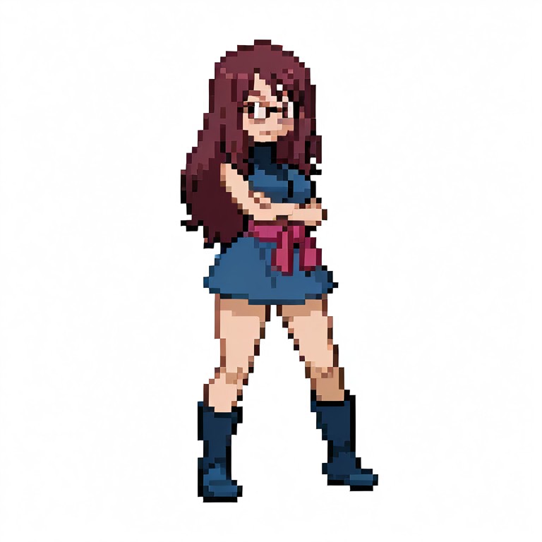1girl, solo, 
full body, 
trainerrissy, 
auburn hair, long hair, auburn eyes, large breasts, glasses, 
rissyoutfit, 
yukata, dark blue sleeveless dress, black turtleneck, short skirt, layered clothing, pink obi sash, 
dark blue boots, 
crossed arms