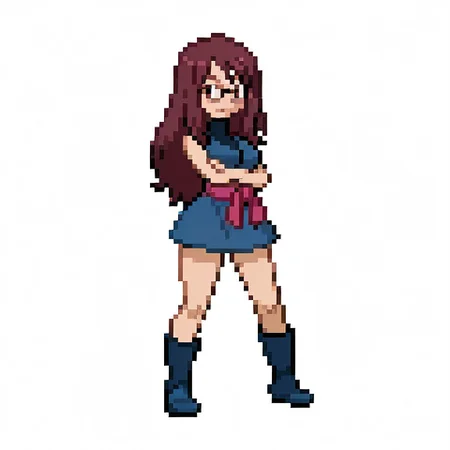 1girl, solo, 
full body, 
trainerrissy, 
auburn hair, long hair, auburn eyes, large breasts, glasses, 
rissyoutfit, 
yukata, dark blue sleeveless dress, black turtleneck, short skirt, layered clothing, pink obi sash, 
dark blue boots, 
crossed arms