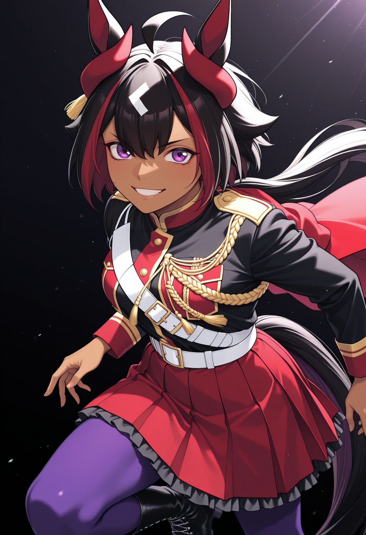 masterpiece,best quality,absurdres,highres,very aesthetic,high quality,detailed,insanely detailed,beautiful,perfect lighting, looking at viewer, 
 <lora:Mill Wakaba illu:1>animal ears, epaulettes, 1girl, multicolored hair, black hair, horse girl, black jacket, streaked hair, white hair, cover page, looking at viewer, hair between eyes, aiguillette, long sleeves, upper body, closed mouth
 dark-skinned female, dark skin
1girl, animal ears, horse girl, horse tail,
 black footwear, boots, smile, purple pantyhose, purple eyes, multicolored hair, pleated skirt, black hair, streaked hair, ahoge, long sleeves, jacket, looking at viewer, epaulettes, simple background, dark-skinned female, , aiguillette, belt, grin, red skirt, cape, dark skin, white hair