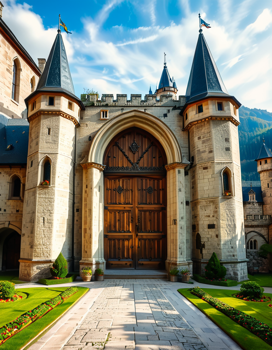 A highly detailed and realistic photograph of the massive entrance door of a medieval castle. The heavy wooden door is reinforced with large iron studs and intricate metalwork, set within a grand stone archway. The aged stone walls surrounding the entrance are weathered, covered in patches of moss and ivy, giving a sense of ancient history.
The cobblestone pathway leading to the door is slightly worn, with scattered fallen leaves and small tufts of grass growing between the stones. Above the entrance, a small, narrow window or arrow slit adds to the castleâs defensive design. The scene is illuminated by soft, natural light, casting shadows that highlight the textures of the stone and wood. The atmosphere is mysterious and majestic, evoking a sense of medieval grandeur.
<lora:SDXLFaeTastic2400:0.4> <lora:extremely_detailed:0.4> extremely detailed,  <lora:medieval_c4stl3_d00r:1>,medieval c4stl3 d00r, Masterpiece,best quality,hi res,8k,hi res,8k,award winning,(sharp focus, intricate, highly detailed),