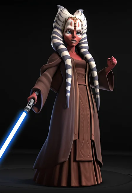 <lora:Shaak_Ti:1> shaak_ti, togruta, blue_white_lekku, red_skin, facial_markings, dark_brown_and_beige_outfit, head_jewelry, original_appearance, clone_wars_style, star_wars_background, 3d, full_body, lightsaber, fighting stance