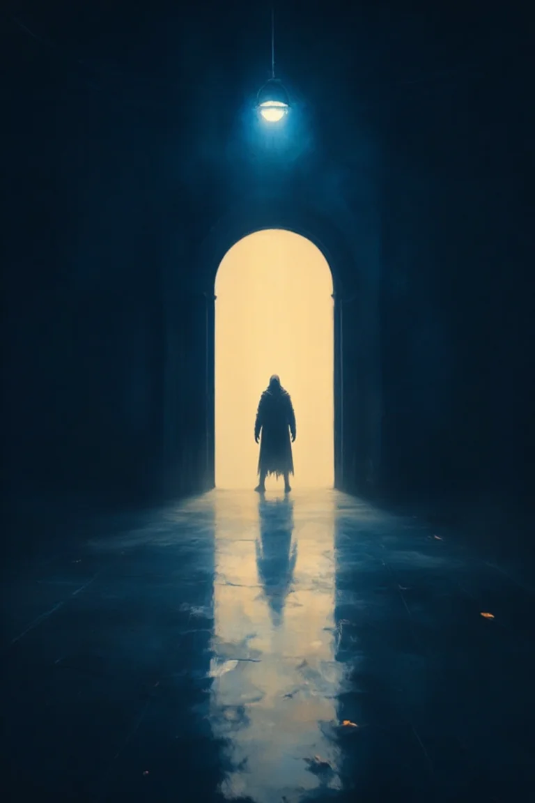A captivating dark fantasy painting that captures a solitary figure standing in a minimalist, dimly lit room. The large, arched doorway emits a warm, golden light, contrasting with the cool blue hue cast by the single overhead light. The smooth, reflective floor mirrors the ethereal light, adding depth to the scene. The figure, shrouded in mystery, appears to be contemplating the doorway, inviting viewers to ponder the unknown. The overall atmosphere is one of introspection and intrigue, perfect for a cinematic poster or a captivating art piece., painting, cinematic, poster, dark fantasy, glicthyxhan