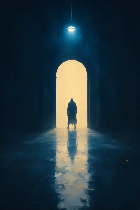 A captivating dark fantasy painting that captures a solitary figure standing in a minimalist, dimly lit room. The large, arched doorway emits a warm, golden light, contrasting with the cool blue hue cast by the single overhead light. The smooth, reflective floor mirrors the ethereal light, adding depth to the scene. The figure, shrouded in mystery, appears to be contemplating the doorway, inviting viewers to ponder the unknown. The overall atmosphere is one of introspection and intrigue, perfect for a cinematic poster or a captivating art piece., painting, cinematic, poster, dark fantasy, glicthyxhan