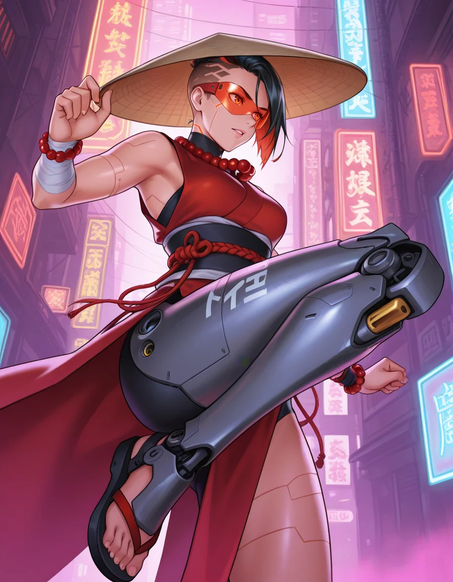 <lora:OmniReal:0.25>, 0mn1r3al, <lora:Our_Muted_Future_Illu_Edition:0.25>, omfv2, <lora:zigouILL:0.25>, zigou, <lora:Sketch Illustration [LoRA] - Illustrious-XL v0.1:0.25>, sketch, (masterpiece, best quality, ultra-detailed, absurdres, newest, detailed textures, correct anatomy:1), 
1girl, solo, pelvic curtain, modern japanese clothes, urban monk, red prayer beads necklace, red prayer beads bracelet, ajirogasa hat, monk robes, sleeveless, streetwear, sash, obi, dynamic pose, vibrant colors, action shot, low angle, fighting stance, incoming attack, leg up, neon lights, dark alleys, skyscrapers, cyberpunk cityscape, standing, cowboy shot, battle-ready, focused expression, bandaged arms, visor, undercut, volumetric lighting, holographic colors, gradient colors,
BREAK
glowing hieroglyphics on mechanical leg, glowing lines on mechanical leg, single mechanical leg, intricate mechanical leg design, knee to chest, sandal