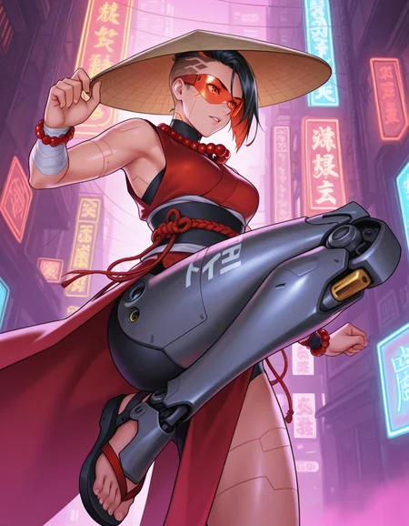 <lora:OmniReal:0.25>, 0mn1r3al, <lora:Our_Muted_Future_Illu_Edition:0.25>, omfv2, <lora:zigouILL:0.25>, zigou, <lora:Sketch Illustration [LoRA] - Illustrious-XL v0.1:0.25>, sketch, (masterpiece, best quality, ultra-detailed, absurdres, newest, detailed textures, correct anatomy:1), 
1girl, solo, pelvic curtain, modern japanese clothes, urban monk, red prayer beads necklace, red prayer beads bracelet, ajirogasa hat, monk robes, sleeveless, streetwear, sash, obi, dynamic pose, vibrant colors, action shot, low angle, fighting stance, incoming attack, leg up, neon lights, dark alleys, skyscrapers, cyberpunk cityscape, standing, cowboy shot, battle-ready, focused expression, bandaged arms, visor, undercut, volumetric lighting, holographic colors, gradient colors,
BREAK
glowing hieroglyphics on mechanical leg, glowing lines on mechanical leg, single mechanical leg, intricate mechanical leg design, knee to chest, sandal