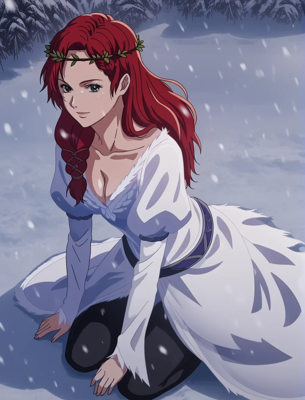 best quality, highres, HeraLOTR, solo, red hair, long hair, braid, green eyes, white dress, white dress belt, long flowing dress, flowing sleeves, head wreath, puffy sleeves, (black pants), snowing, on snowy mountain, realistic background, blurry background, bokeh, shadows, shadow, looking at viewer, dynamic pose, dynamic angle, sitting on snow, knees, hands on ground, from side, from above, cleavage, smile, close-up, <lora:HeraLOTR:0.95>