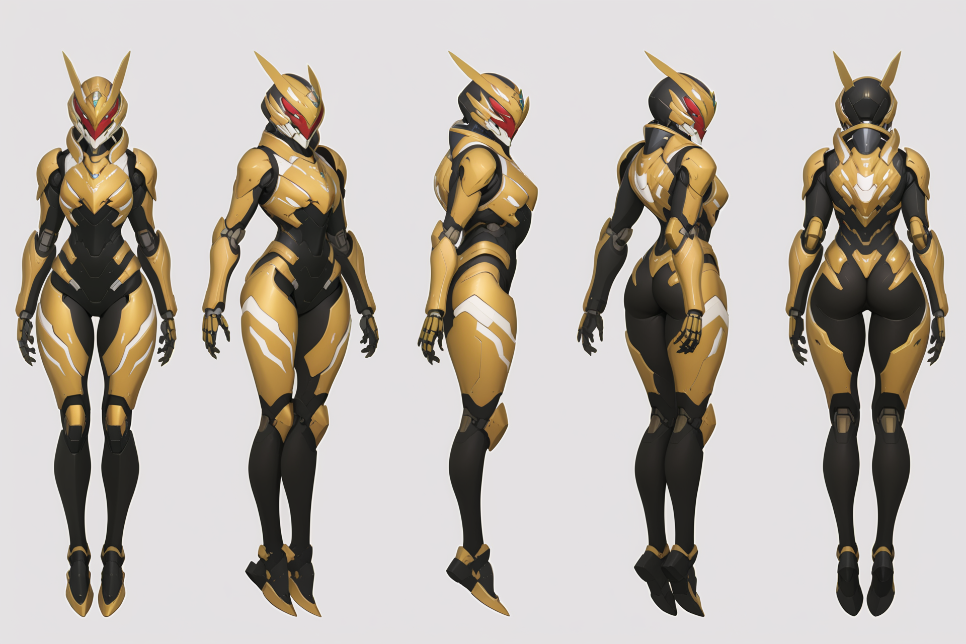(GENERAL:0), mecha, robot, masterpiece, best quality, very aesthetic, absurdres, solo, standing,
(VIEWS:0),  full body character turnaround of mecha,
Multiple views of the same mecha,  (simple background, white background:1.2), multiple views, side view, back view, front view, 
,
mask, helmet,
Cicada \(insect\)ï¼
Bio Booster Armor Guyver,
plate armor, power suit, alien,
android, cybersuit, upper armor, mechanical arms, machinery, prosthesis,
(bodyshape:0), Pear-shaped body,
(clothing:0), (Long-sleeve running top and running shorts:0.6), 
(gold  
Gothic  theme character design:1.1),
 <lora:MechTurnXLRemix_v1:.75>
 <lora:MechTurnXL_v1:.25>
<lora:ClothTurnXLRemix_v1-000004:.25>
 <lora:ClothTurnXL_v1-000004:0.25> 
<lora:CharTurnXL_v2:0.25>
 <lora:xl_more_art-full_v1:.25>,
 <lora:Alphonse Mucha Style:.1>, Alphonse Mucha Style page
 <lora:å½é£æç»SDXL:.1>