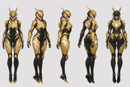 (GENERAL:0), mecha, robot, masterpiece, best quality, very aesthetic, absurdres, solo, standing,
(VIEWS:0),  full body character turnaround of mecha,
Multiple views of the same mecha,  (simple background, white background:1.2), multiple views, side view, back view, front view, 
,
mask, helmet,
Cicada \(insect\)ï¼
Bio Booster Armor Guyver,
plate armor, power suit, alien,
android, cybersuit, upper armor, mechanical arms, machinery, prosthesis,
(bodyshape:0), Pear-shaped body,
(clothing:0), (Long-sleeve running top and running shorts:0.6), 
(gold  
Gothic  theme character design:1.1),
 <lora:MechTurnXLRemix_v1:.75>
 <lora:MechTurnXL_v1:.25>
<lora:ClothTurnXLRemix_v1-000004:.25>
 <lora:ClothTurnXL_v1-000004:0.25> 
<lora:CharTurnXL_v2:0.25>
 <lora:xl_more_art-full_v1:.25>,
 <lora:Alphonse Mucha Style:.1>, Alphonse Mucha Style page
 <lora:å½é£æç»SDXL:.1>