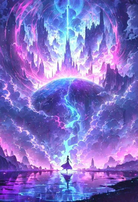 serene night, beautiful sky, dancing silhouette, Complex landscape, best quality, pastel colors, light blue tint, aesthetic Ethereal, Effulgent, Idyllic atmosphere, Tranquil, ethereal quality, cinematic volume, Twinkling lighting, glowing aura, global illumination, glowneon, Anisotropic Filtering, Unrivaled Opus, Unconventional, hyper detailed, HDR,