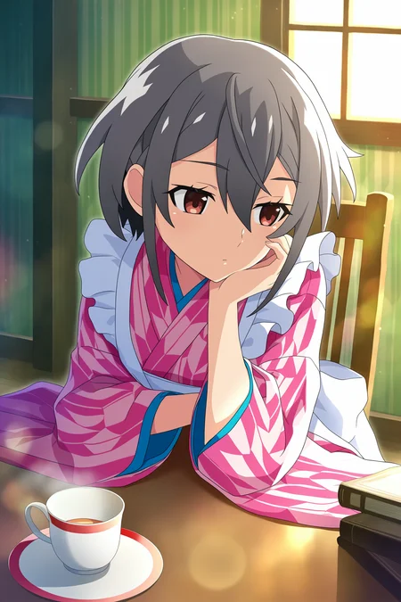 higurashimei, kimiyoshi kazuho, 1girl, solo, short hair, long sleeves, red eyes, hair between eyes, closed mouth, sitting, brown eyes, grey hair, frills, japanese clothes, indoors, kimono, cup, book, window, chair, table, sunlight, hand on own face, teacup, head rest, hand on own cheek, pink kimono, wa maid, yagasuri, 
(masterpiece, best quality, absurdres, highres, newest, very awa:1.2), 