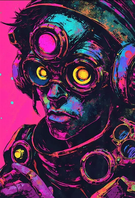 ArcaneFGTNR, Sci-fi mech, neon brushstrokes, vibrant electric tones, glowing patterns, futuristic textures, metallic robot, radiant abstract, high-tech details, cybernetic brilliance, luminous fusion