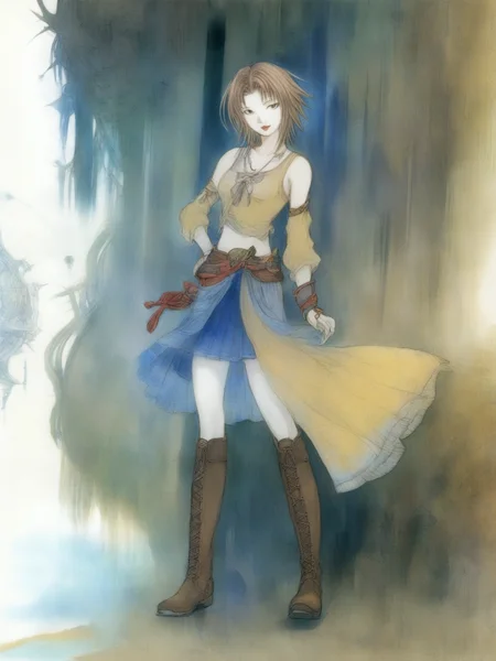 art by amano yoshitaka, yuna \(ff10\), final fantasy, 1girl, alternate costume, boots, knee boots, legs, lips, skirt, solo, official art, traditional media, 8k  <lora:amano_yoshitaka_xl:1>